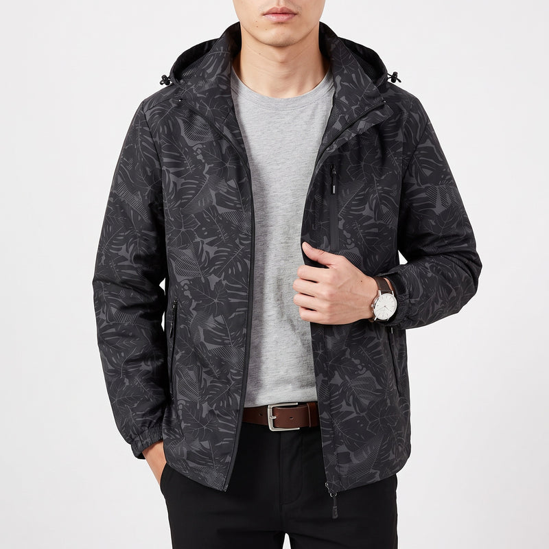 Leaf Print Waterproof Hooded Windbreaker