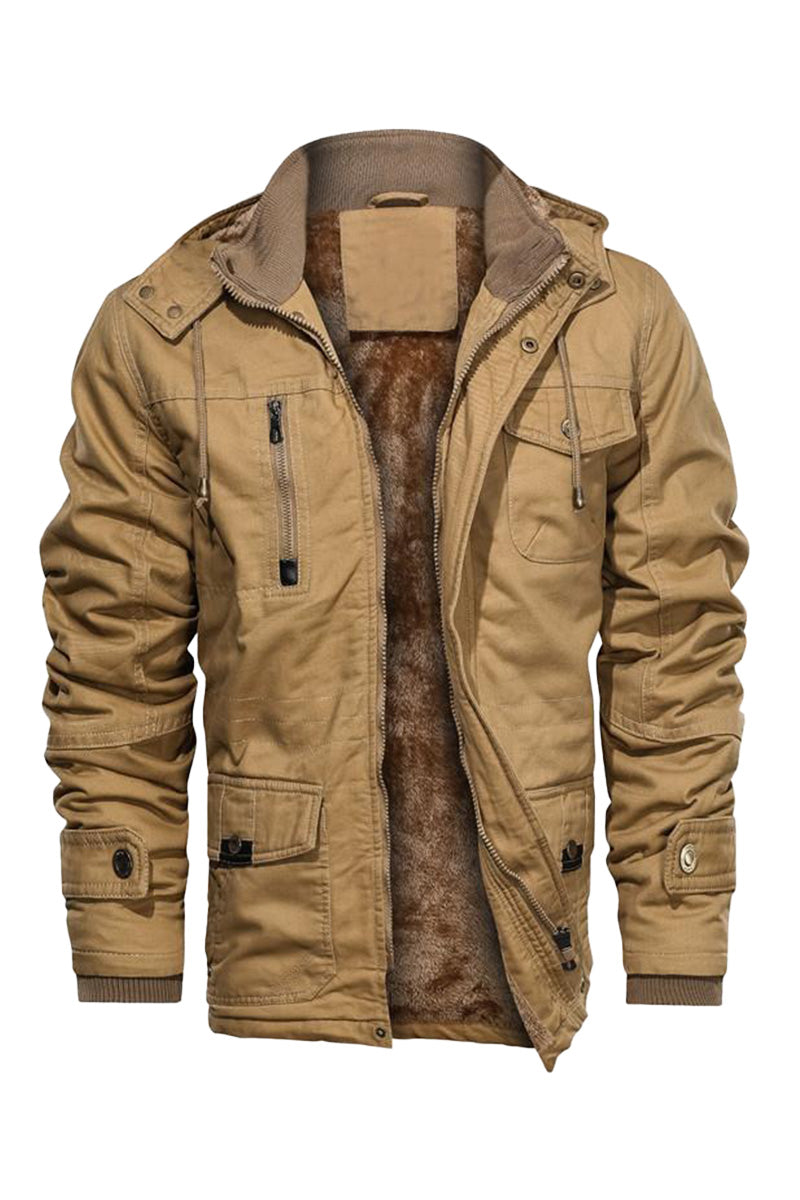 Thick Fleece Hooded Cargo Jacket with Pockets