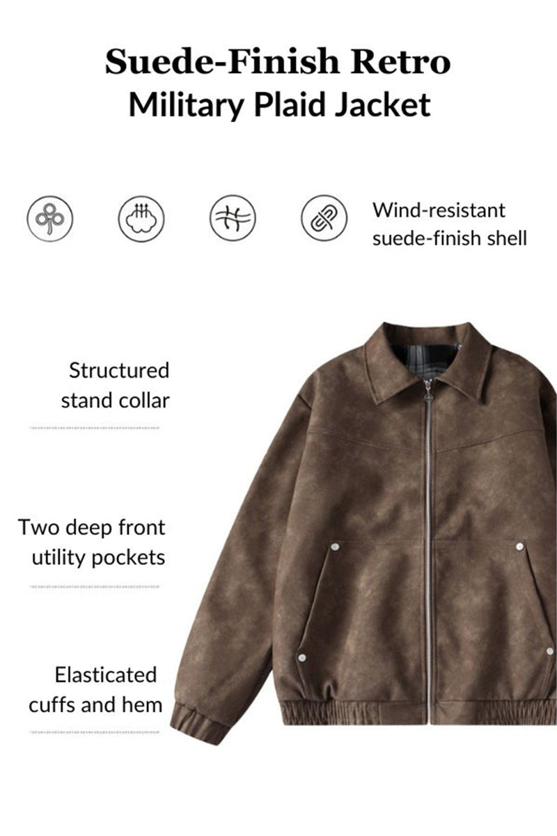 Suede-Finish Retro Military Plaid Jacket