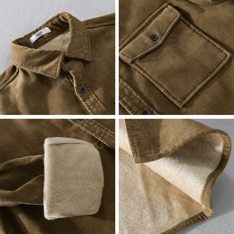 Thickened Fleece-Lined Cotton Shirt Jacket with Pocket