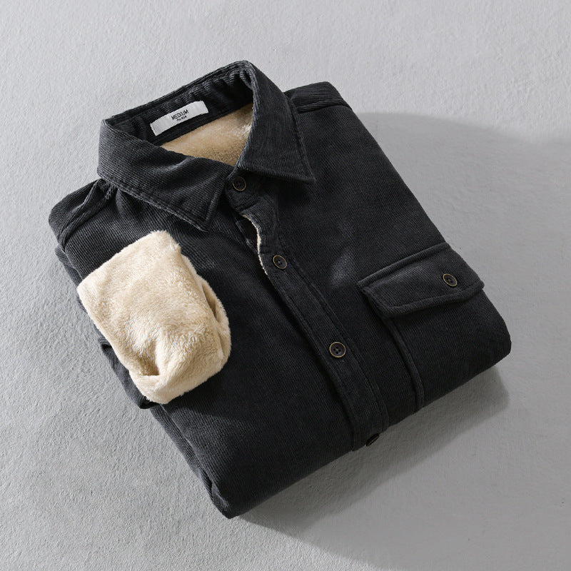 Thickened Fleece-Lined Cotton Shirt Jacket with Pocket