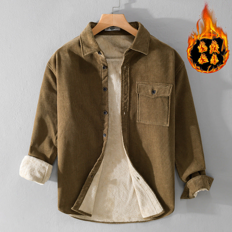 Thickened Fleece-Lined Cotton Shirt Jacket with Pocket